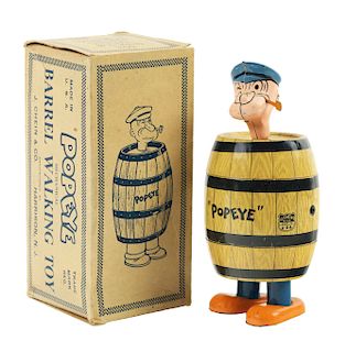 Chein Tin Litho Wind Up Popeye Barrel Walking Toy with Box.