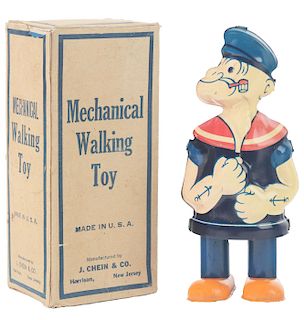Chein Popeye Tin Litho Wind Up Mechanical Walking Toy With Box. 