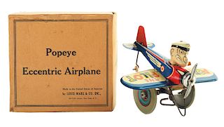 Marx Tin Litho Wind Up Popeye Eccentric Airplane with Box.