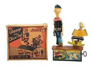 Marx Tin Litho Wind Up Popeye & Olive Oyl Roof Dancing Toy with Box.