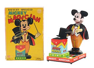Japanese Linemar Walt Disney Battery Operated Tin Litho Mickey the Magician Toy with Box.
