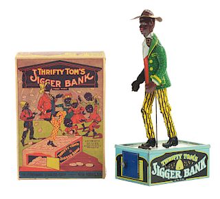 Rare Strauss Tin Litho Wind Up Thrifty Tom's Bank with Box.