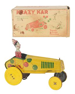 Unique Art Tin Litho Wind Up Krazy Kar With Box. 