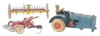 Lot Of 3: American Made Cast Iron Tractor & Impliments. 