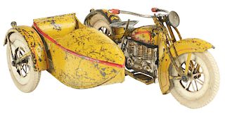 Large Tin Painted Wind Up Pre-War Japanese Motorcycle and Sidecar.