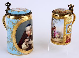 TWO ROYAL VIENNA HAND PAINTED PORCELAIN STEINS