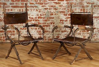 PAIR UNUSUAL RUSTIC WOOD IRON OPEN ARM CHAIRS