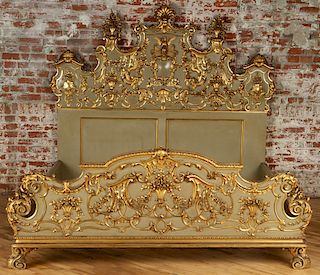 RARE ITALIAN ROCOCO STYLE PAINTED GILT KING BED