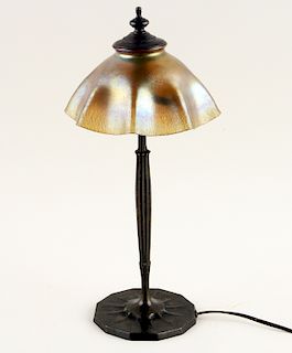 TIFFANY BRONZE FAVRILE GLASS TABLE LAMP MARKED