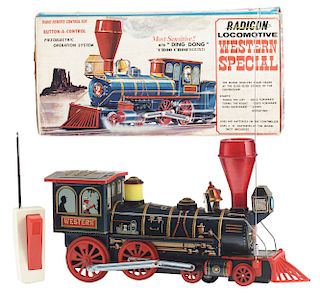 Japanese Tin Litho Battery Operated Western Special Train Engine Toy In Box. 