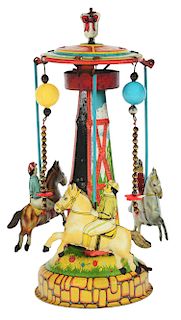 Tin Litho Large Wind Up Pre-War Japan Horse Race Carousel.