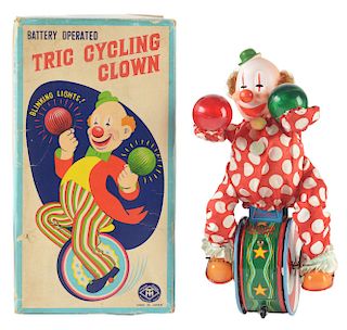 Tin Litho Battery Operated Tric Cycling Clown.
