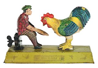 Tin Litho Wind Up Pre-War Japanese Man Feeding Rooster.