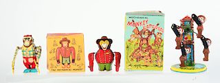 Lot of 3: Tin Litho Wind Up Circus Monkeys and Carousel.