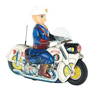 Large Tin Litho Patrol Motorcycle and Rider.