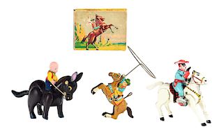 Lot of 3: Tin Litho Wind Up Lone Ranger and Cowboys Riding Horses.