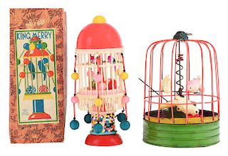 Lot of 2: Pre-War Japanese Painted Tin and Celluloid Wind Up Bird Cages.