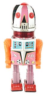 Japanese Battery Operated Tin Litho and Plastic X-70 Tulip Head Robot. 