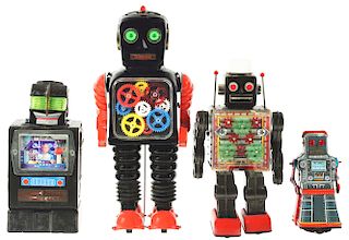 Lot of 4: Vintage Japanese Tin Litho Robots. 