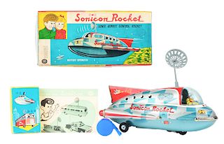 Tin Litho Battery Operated Checkered Sonicon Rocket.