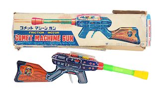Japanese Tin Litho Friction Comet Space Machine Gun with Box.