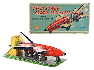 Tin Litho Wind Up Two Stage Earth Satellite.