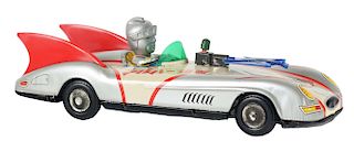 Tin Litho Friction Silver Kamen Rocket Firing Car.