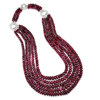 A Ruby Bead and Diamond Necklace, Italian