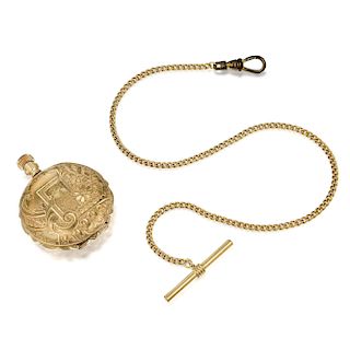 Elgin "Sun-Dial" 14K Gold Pocket Watch with Non Gold Chain and 14K Curb Link Chain