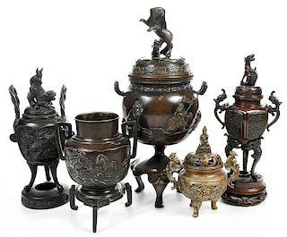 Five Asian Bronze Figural Censers