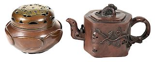 Chinese Yixing Teapot and Bronze Koro Censer