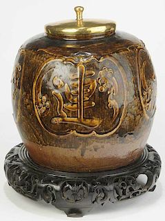 Large Chinese Prosperity Jar on Carved Stand