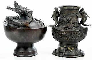 Two Large Bronze Vases with Animals