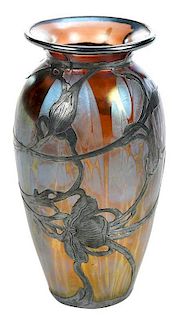 Silver Overlay Iridescent Glass Vase