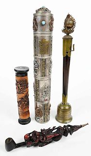 Two Asian Scroll Holders, Pipe, Temple Bell