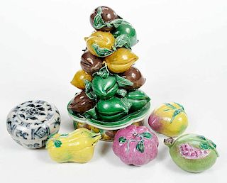 Five Chinese Ceramic Altar Fruit, and Paste Box