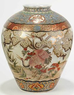 Large Asian Enameled Crane and Blossoms Vase