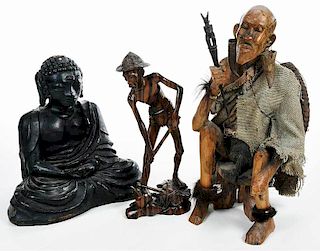 Three Decorative Asian Figures, Carved Wood