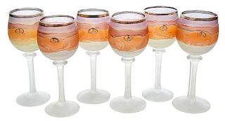 Six Art Nouveau Frosted Wine Goblets