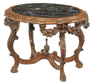 Carved Walnut Marble Top Low Table