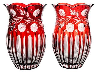 Large Pair Cut to Clear Red Vases