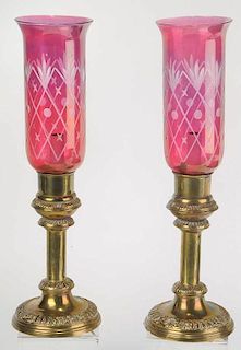 Pair Cranberry Cut to Clear Brass Lamps