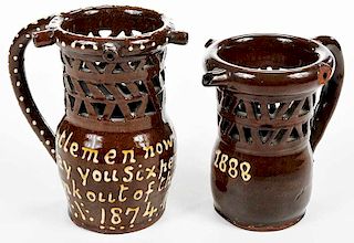 Two 19th Century Slip Glazed Puzzle Mugs