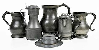 Five Pewter Vessels and Inkwell