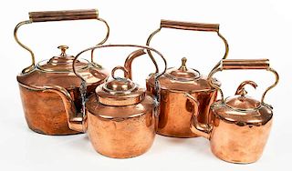 Four Graduated Copper Tea Pots