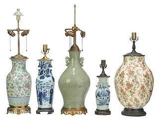 Group of Five Vases Mounted as Lamps