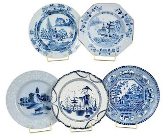 Five Delft/Pearlware Chinoiserie Plates