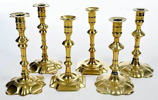 Three Pairs George III Brass Candlesticks