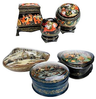 Six Russian Lacquer Fairy Tale Unusual Boxes