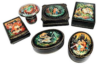 Six Russian Lacquer Kholuy Fairy Tale Boxes